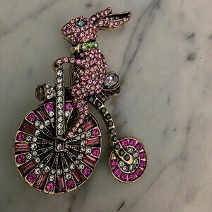Rhinestone Rabbit Riding Bicycle Brooch Pink Crystal Easter Bunny Novelty Pin